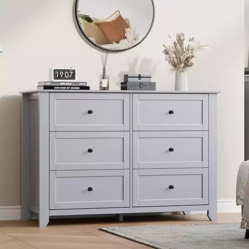 Cómoda de madera negra grande y moderna de 6 cajones, cajones profundos y tiradores metálicos para dormitorio, entrada, pasillo