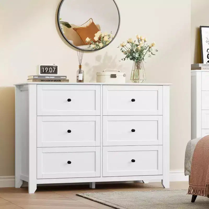 Cómoda de madera negra grande y moderna de 6 cajones, cajones profundos y tiradores metálicos para dormitorio, entrada, pasillo