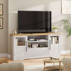 Mueble de TV estilo granja - Apto para TV de 72'', diseño de onda, 2 gabinetes con puerta de cristal, 2 espacios de almacenamiento abiertos, centro de entretenimiento para sala de estar