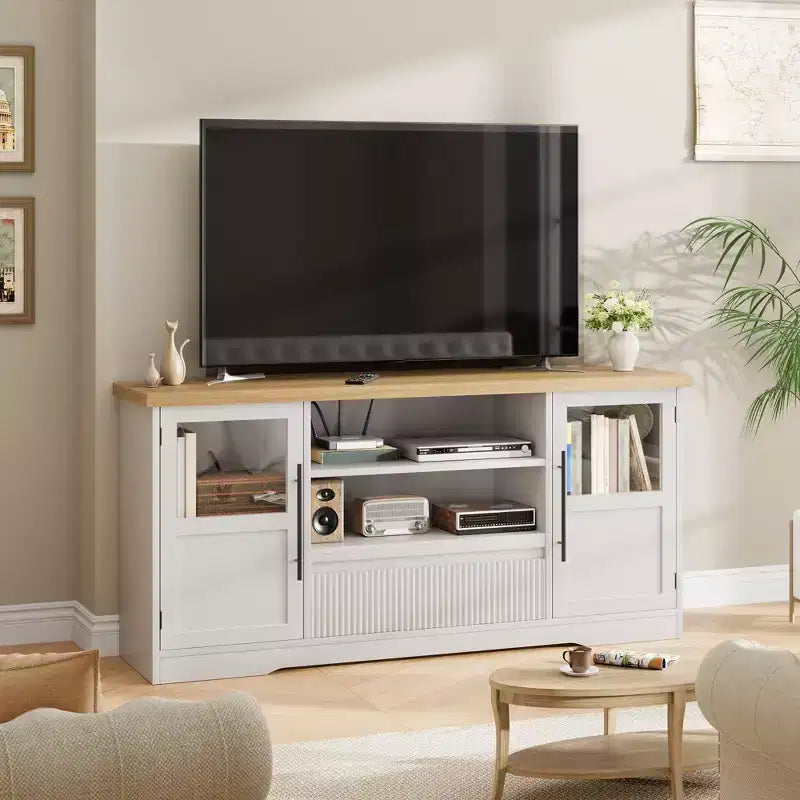 Mueble de TV estilo granja - Apto para TV de 72'', diseño de onda, 2 gabinetes con puerta de cristal, 2 espacios de almacenamiento abiertos, centro de entretenimiento para sala de estar