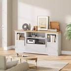 Mueble de TV estilo granja - Apto para TV de 72'', diseño de onda, 2 gabinetes con puerta de cristal, 2 espacios de almacenamiento abiertos, centro de entretenimiento para sala de estar