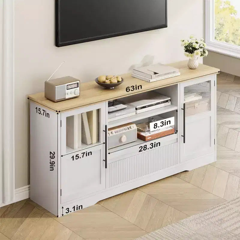 Mueble de TV estilo granja - Apto para TV de 72'', diseño de onda, 2 gabinetes con puerta de cristal, 2 espacios de almacenamiento abiertos, centro de entretenimiento para sala de estar