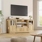 Mueble de TV estilo granja - Apto para TV de 72'', diseño de onda, 2 gabinetes con puerta de cristal, 2 espacios de almacenamiento abiertos, centro de entretenimiento para sala de estar