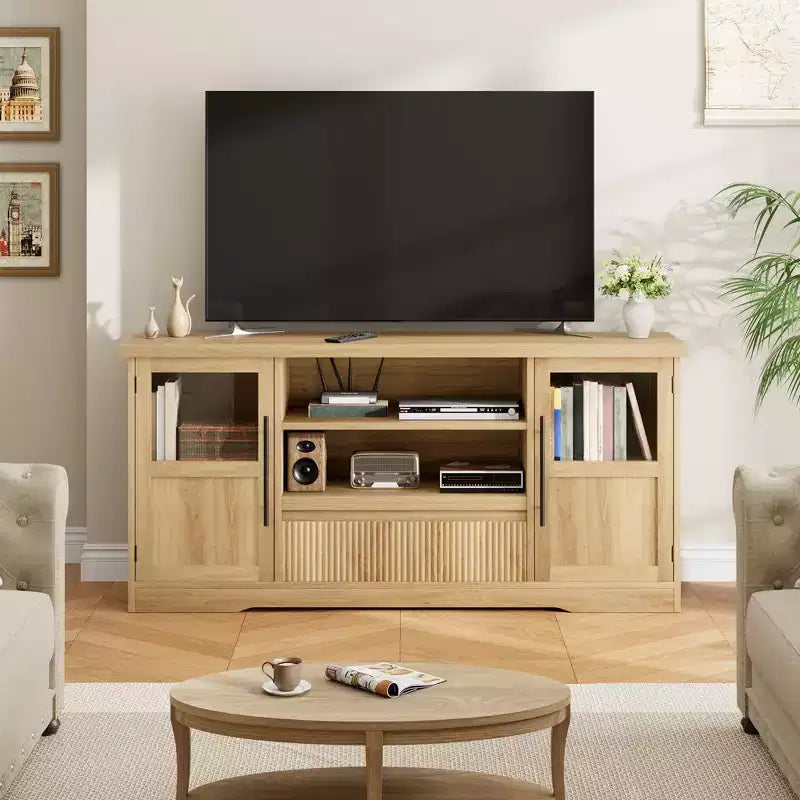 Mueble de TV estilo granja - Apto para TV de 72'', diseño de onda, 2 gabinetes con puerta de cristal, 2 espacios de almacenamiento abiertos, centro de entretenimiento para sala de estar