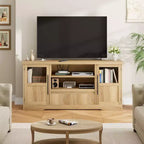 Mueble de TV estilo granja - Apto para TV de 72'', diseño de onda, 2 gabinetes con puerta de cristal, 2 espacios de almacenamiento abiertos, centro de entretenimiento para sala de estar