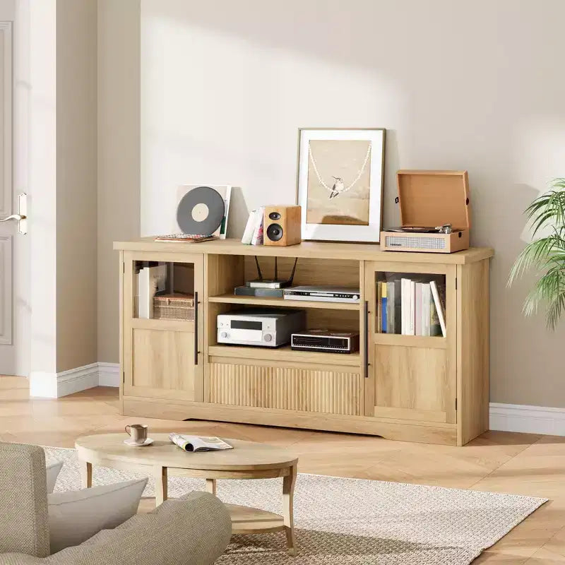 Mueble de TV estilo granja - Apto para TV de 72'', diseño de onda, 2 gabinetes con puerta de cristal, 2 espacios de almacenamiento abiertos, centro de entretenimiento para sala de estar