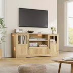 Mueble de TV estilo granja - Apto para TV de 72'', diseño de onda, 2 gabinetes con puerta de cristal, 2 espacios de almacenamiento abiertos, centro de entretenimiento para sala de estar