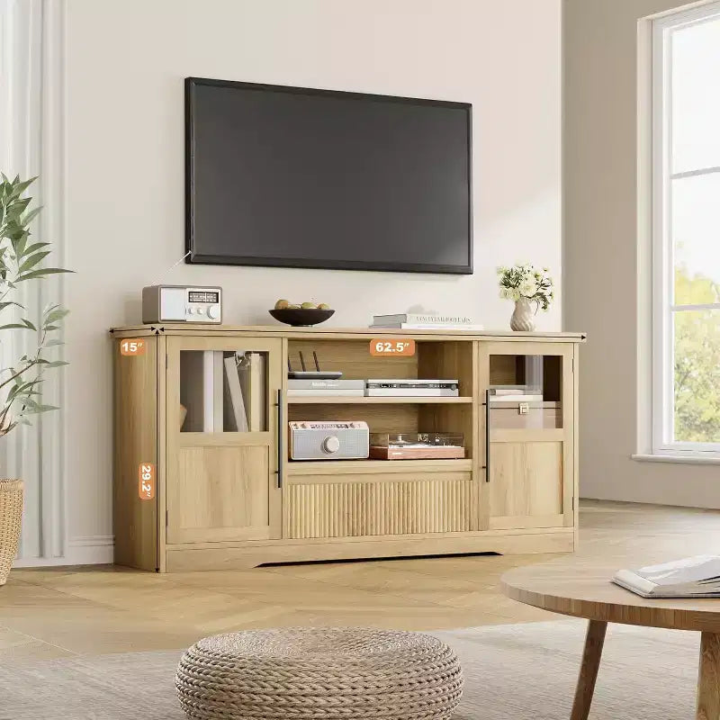 Mueble de TV estilo granja - Apto para TV de 72'', diseño de onda, 2 gabinetes con puerta de cristal, 2 espacios de almacenamiento abiertos, centro de entretenimiento para sala de estar