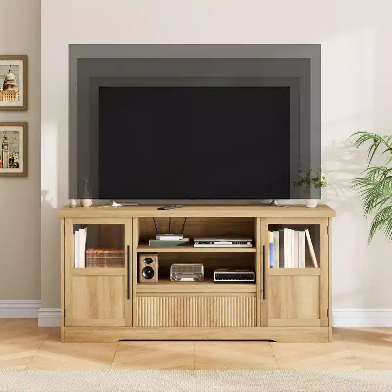 Mueble de TV estilo granja - Apto para TV de 72'', diseño de onda, 2 gabinetes con puerta de cristal, 2 espacios de almacenamiento abiertos, centro de entretenimiento para sala de estar