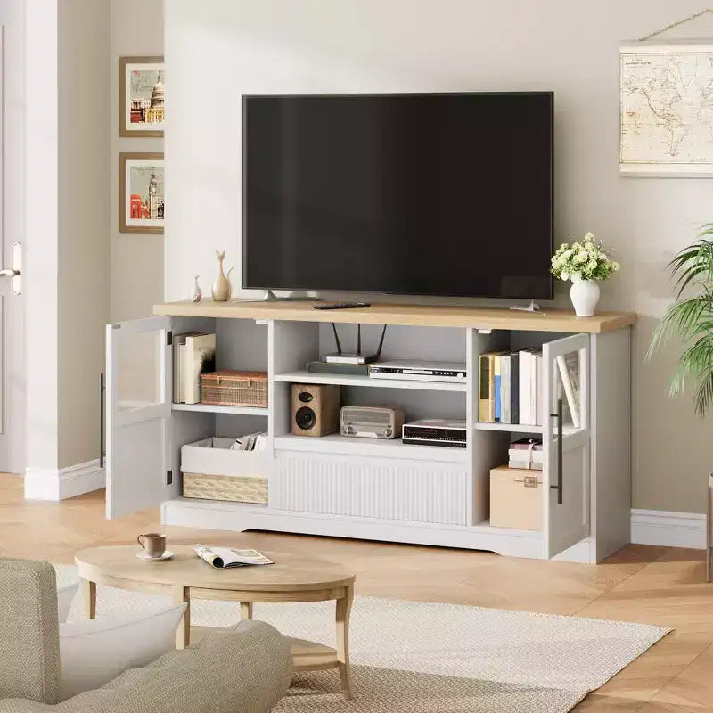 Mueble de TV estilo granja - Apto para TV de 72'', diseño de onda, 2 gabinetes con puerta de cristal, 2 espacios de almacenamiento abiertos, centro de entretenimiento para sala de estar
