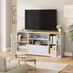 Mueble de TV estilo granja - Apto para TV de 72'', diseño de onda, 2 gabinetes con puerta de cristal, 2 espacios de almacenamiento abiertos, centro de entretenimiento para sala de estar
