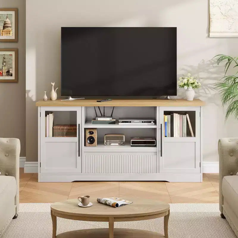 Mueble de TV estilo granja - Apto para TV de 72'', diseño de onda, 2 gabinetes con puerta de cristal, 2 espacios de almacenamiento abiertos, centro de entretenimiento para sala de estar