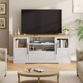 Mueble de TV estilo granja - Apto para TV de 72'', diseño de onda, 2 gabinetes con puerta de cristal, 2 espacios de almacenamiento abiertos, centro de entretenimiento para sala de estar