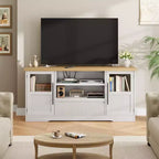 Mueble de TV estilo granja - Apto para TV de 72'', diseño de onda, 2 gabinetes con puerta de cristal, 2 espacios de almacenamiento abiertos, centro de entretenimiento para sala de estar