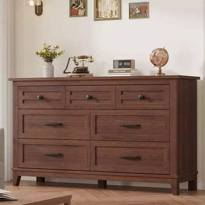 Amplia cómoda de madera de 7 cajones para dormitorio - Cómoda de almacenamiento de 54 pulgadas de ancho - Organizador de armario independiente - Juego de muebles de dormitorio