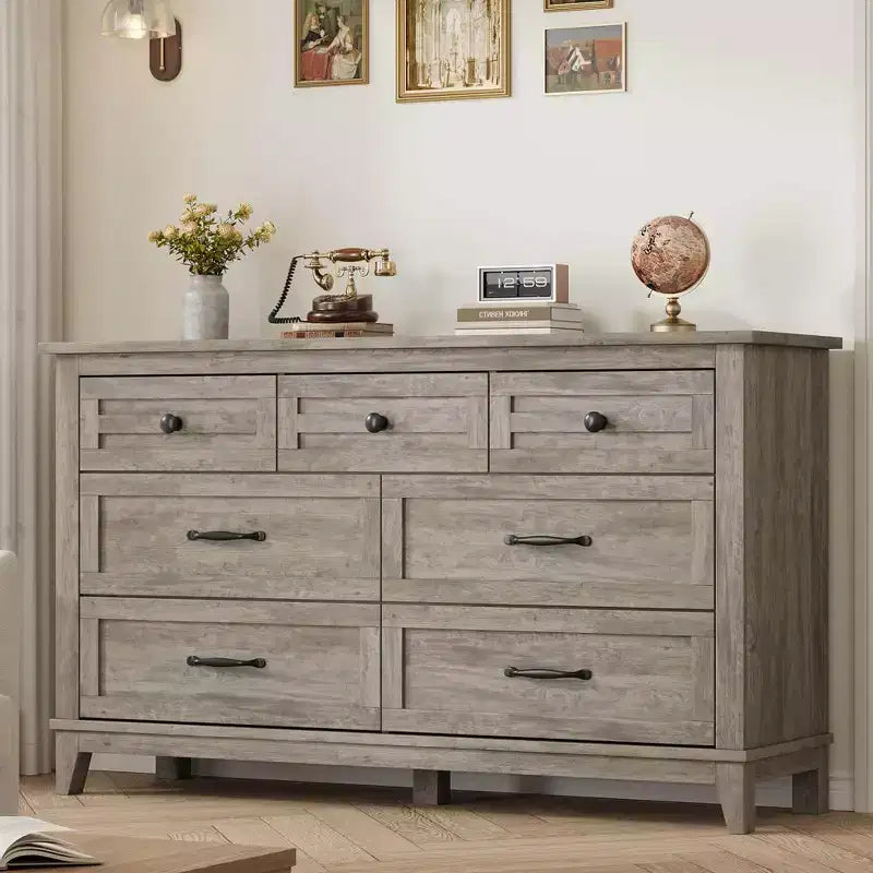 Amplia cómoda de madera de 7 cajones para dormitorio - Cómoda de almacenamiento de 54 pulgadas de ancho - Organizador de armario independiente - Juego de muebles de dormitorio