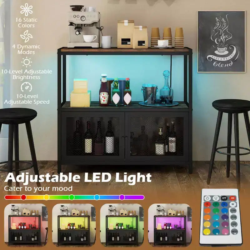 Mueble de cafetería con luces LED, aparador industrial con estación de carga