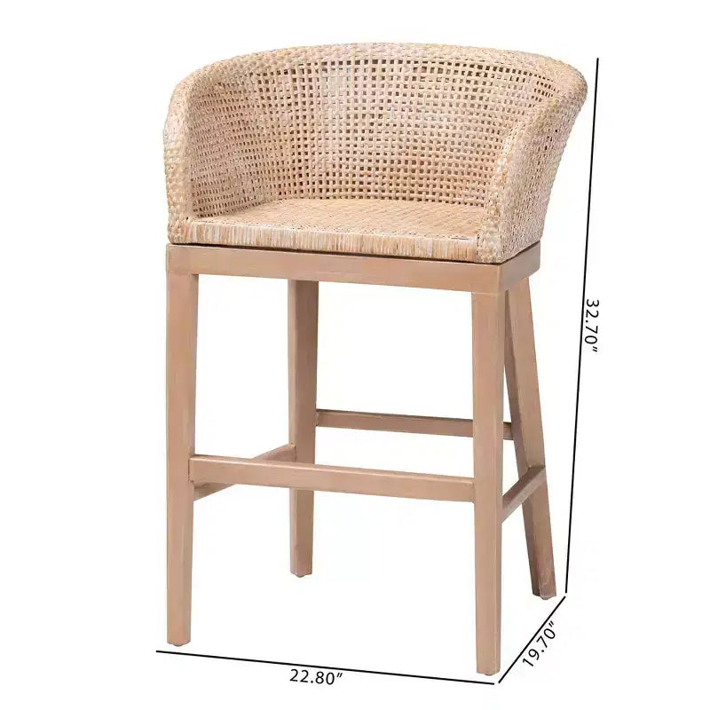 Taburete de barra de altura de mostrador de ratán y madera de caoba, acabado blanco antiguo/marrón claro