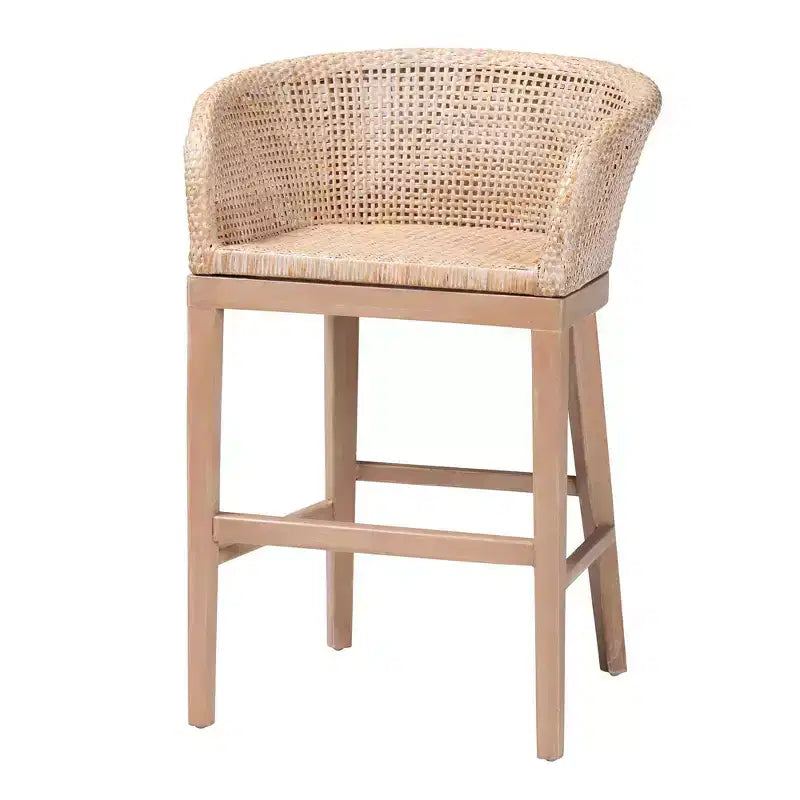 Taburete de barra de altura de mostrador de ratán y madera de caoba, acabado blanco antiguo/marrón claro