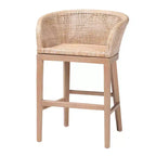 Taburete de barra de altura de mostrador de ratán y madera de caoba, acabado blanco antiguo/marrón claro