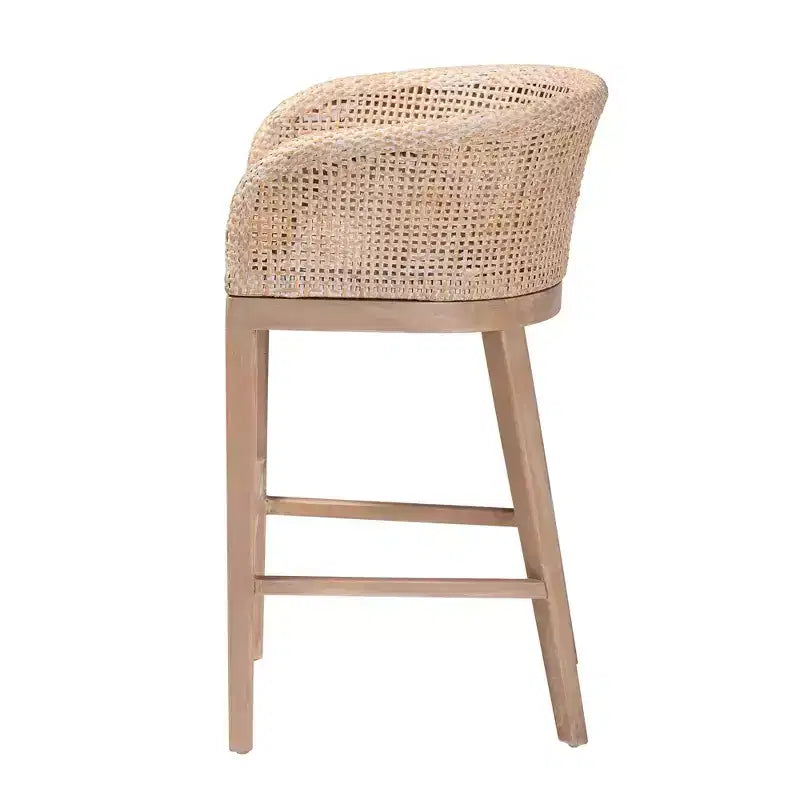 Taburete de barra de altura de mostrador de ratán y madera de caoba, acabado blanco antiguo/marrón claro