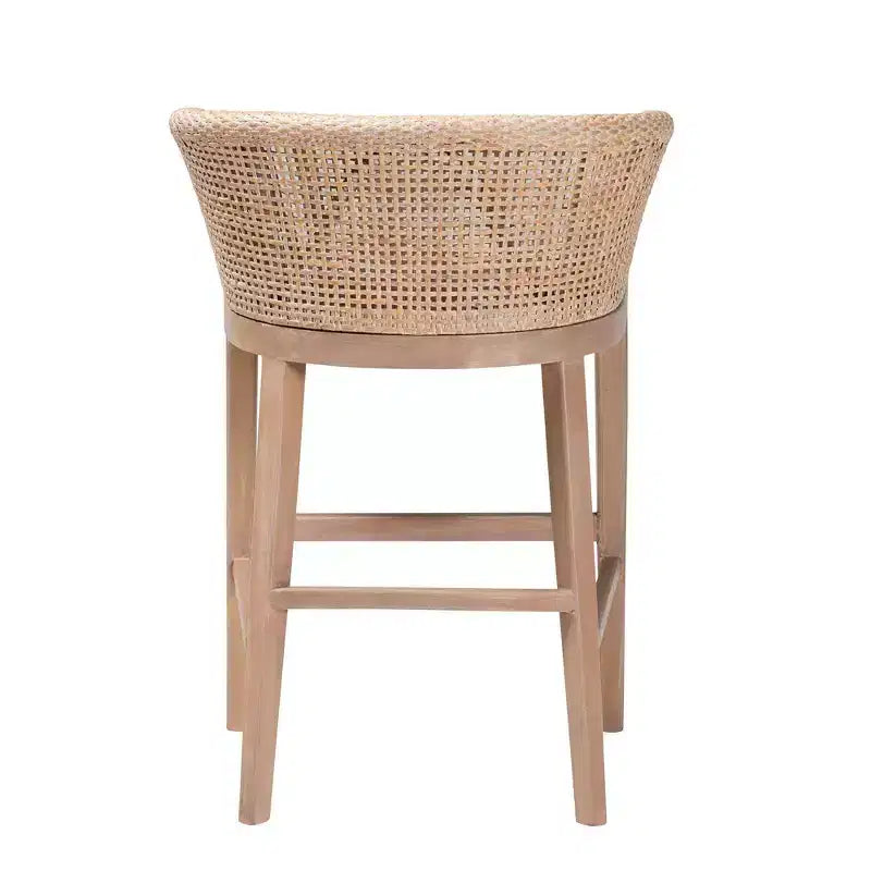 Taburete de barra de altura de mostrador de ratán y madera de caoba, acabado blanco antiguo/marrón claro