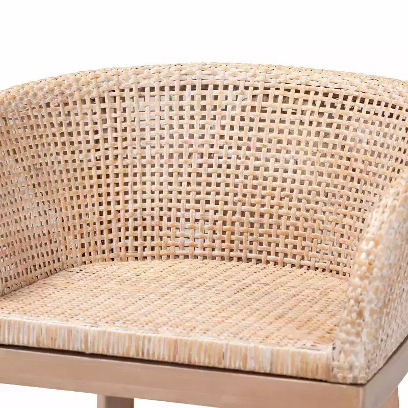 Taburete de barra de altura de mostrador de ratán y madera de caoba, acabado blanco antiguo/marrón claro