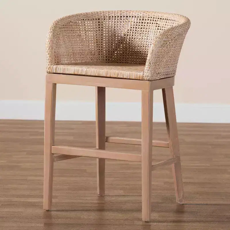 Taburete de barra de altura de mostrador de ratán y madera de caoba, acabado blanco antiguo/marrón claro