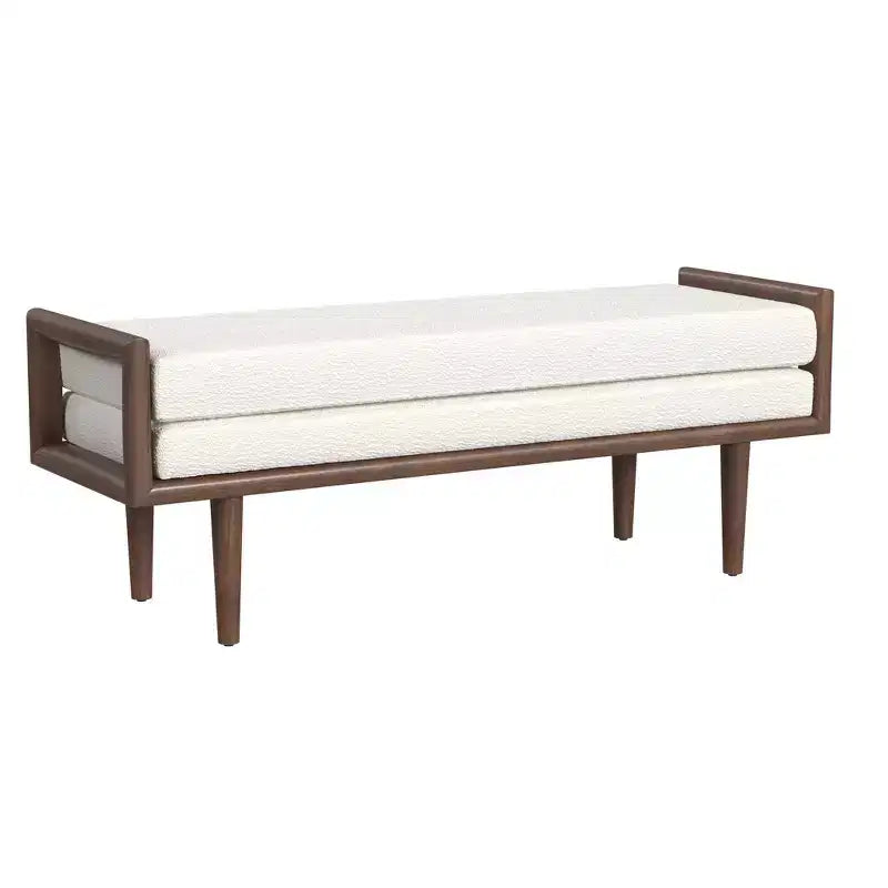 Banco tapizado de bucle con base de madera color crema: acabado de nogal de tono medio, forma rectangular, tapicería de poliéster
