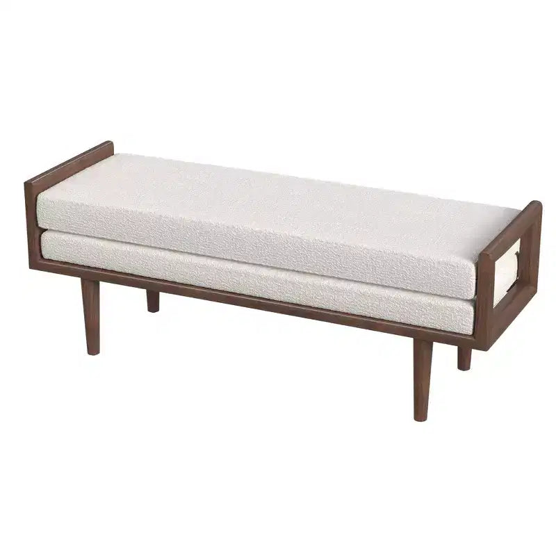Banco tapizado de bucle con base de madera color crema: acabado de nogal de tono medio, forma rectangular, tapicería de poliéster