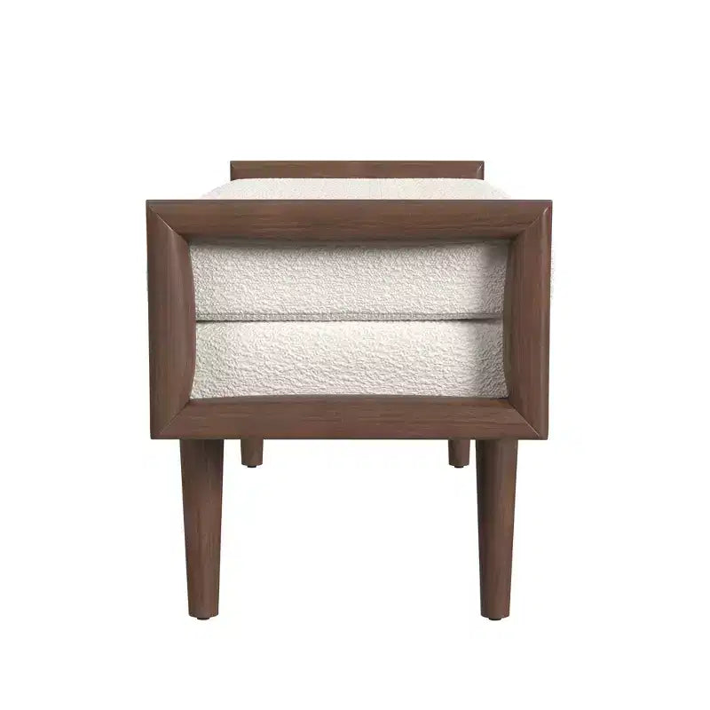 Banco tapizado de bucle con base de madera color crema: acabado de nogal de tono medio, forma rectangular, tapicería de poliéster