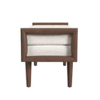 Banco tapizado de bucle con base de madera color crema: acabado de nogal de tono medio, forma rectangular, tapicería de poliéster