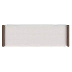 Banco tapizado de bucle con base de madera color crema: acabado de nogal de tono medio, forma rectangular, tapicería de poliéster