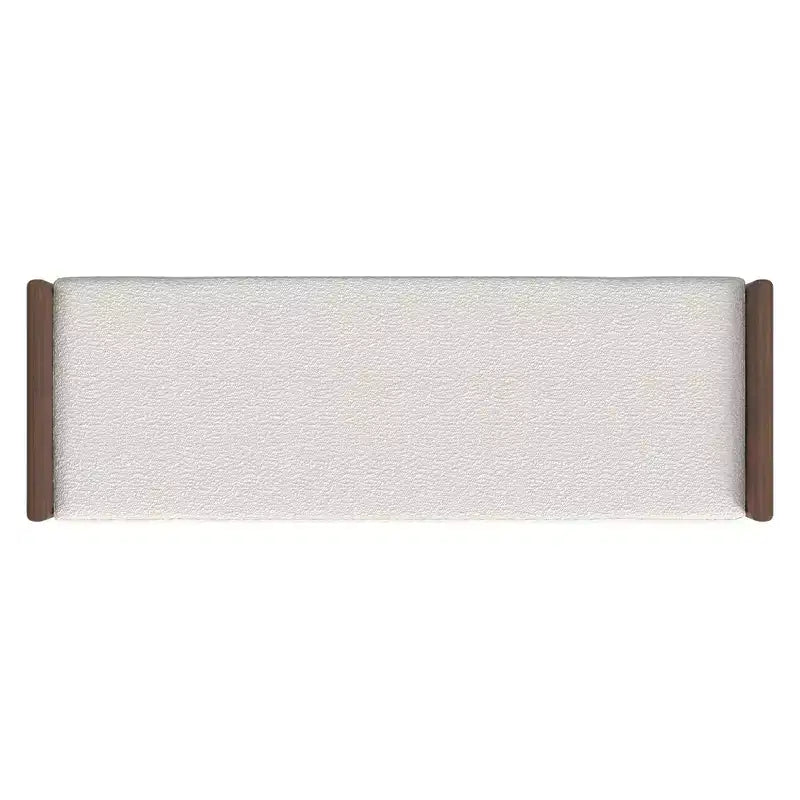 Banco tapizado de bucle con base de madera color crema: acabado de nogal de tono medio, forma rectangular, tapicería de poliéster