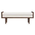 Banco tapizado de bucle con base de madera color crema: acabado de nogal de tono medio, forma rectangular, tapicería de poliéster