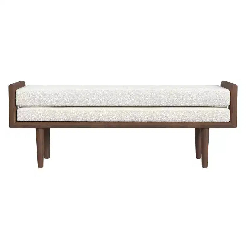 Banco tapizado de bucle con base de madera color crema: acabado de nogal de tono medio, forma rectangular, tapicería de poliéster