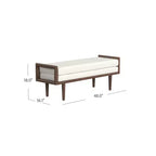 Banco tapizado de bucle con base de madera color crema: acabado de nogal de tono medio, forma rectangular, tapicería de poliéster