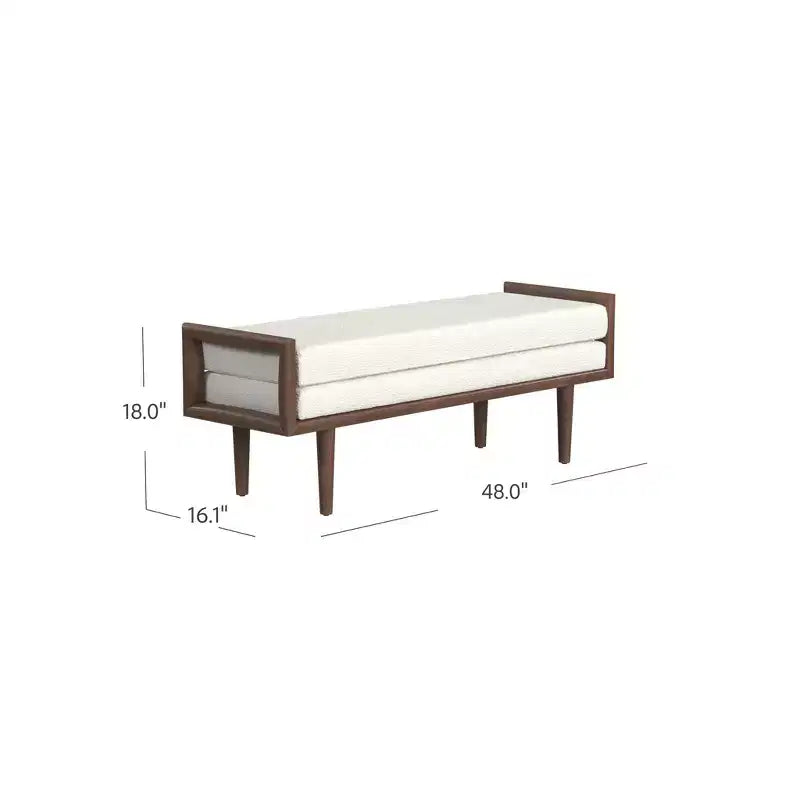 Banco tapizado de bucle con base de madera color crema: acabado de nogal de tono medio, forma rectangular, tapicería de poliéster