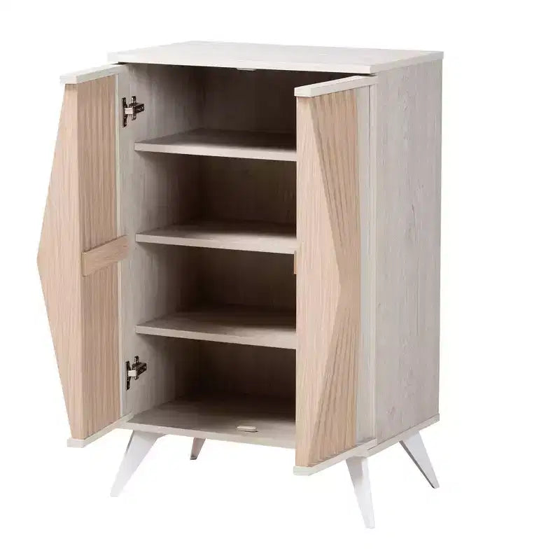Armario de madera de 2 puertas: Diseño de mediados de siglo, 4 estantes, patas en ángulo