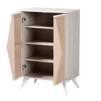 Armario de madera de 2 puertas: Diseño de mediados de siglo, 4 estantes, patas en ángulo
