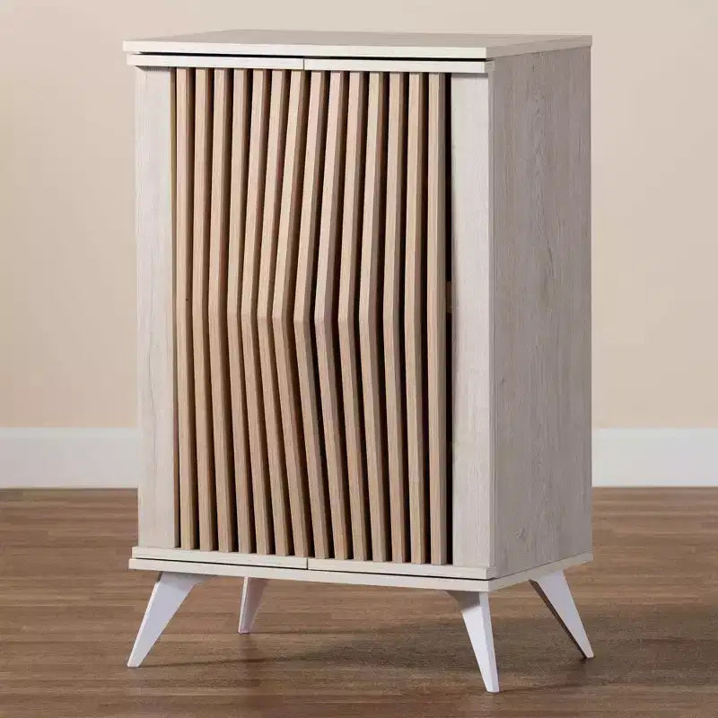 Armario de madera de 2 puertas: Diseño de mediados de siglo, 4 estantes, patas en ángulo