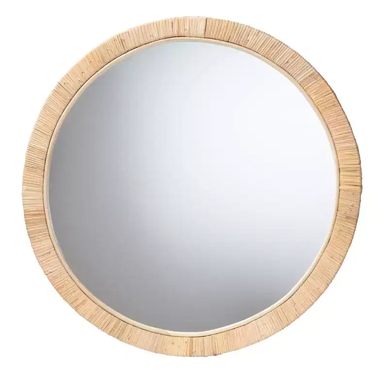 Espejo redondo moderno bohemio de madera de caoba marrón natural y ratán natural