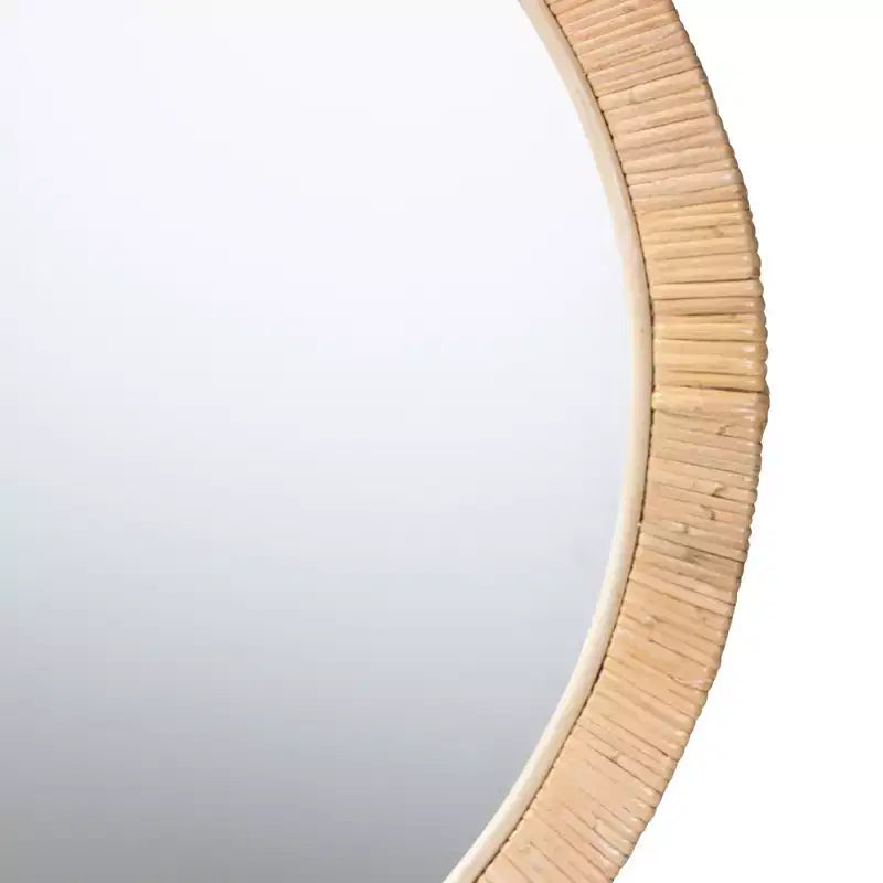 Espejo redondo moderno bohemio de madera de caoba marrón natural y ratán natural