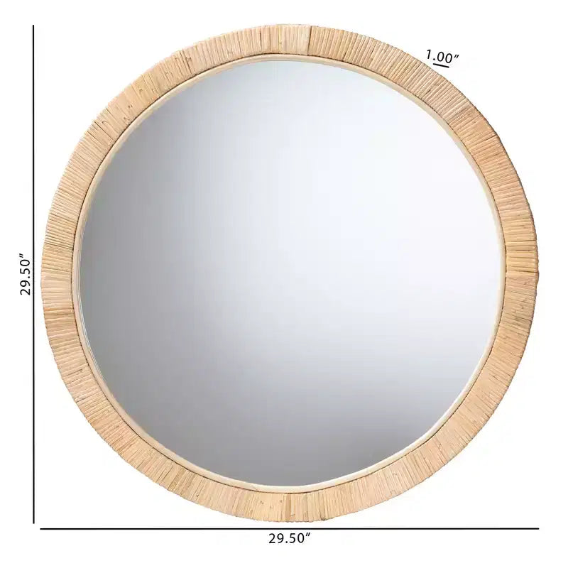 Espejo redondo moderno bohemio de madera de caoba marrón natural y ratán natural