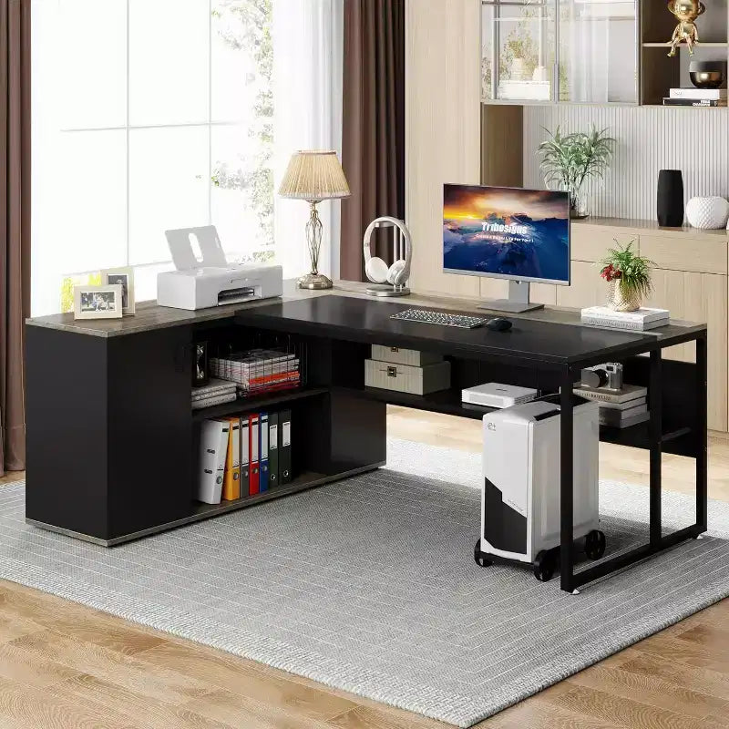 Escritorio ejecutivo de 70.86 pulgadas, escritorio de oficina en forma de L con gabinete de almacenamiento, estación de trabajo de escritorio para oficina en casa