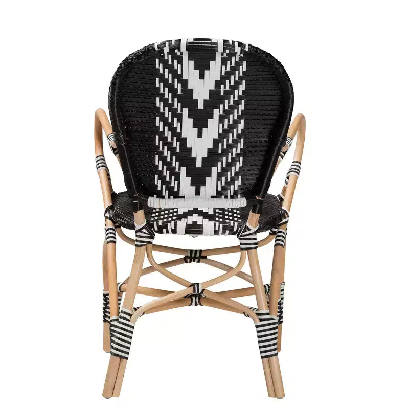 Silla de comedor moderna de interior francesa de ratán natural y tejido bicolor blanco y negro
