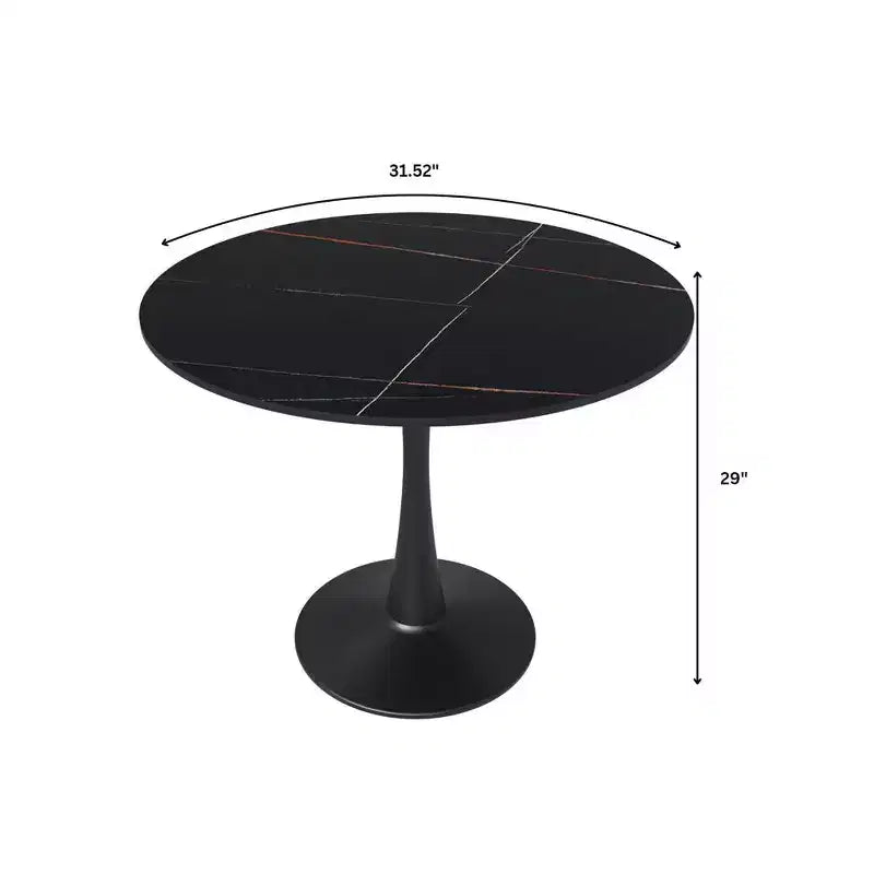 Mesa de comedor redonda de 31" con tapa de piedra sinterizada, base de pedestal de acero negro, mesa auxiliar de café para cocina y espacios pequeños