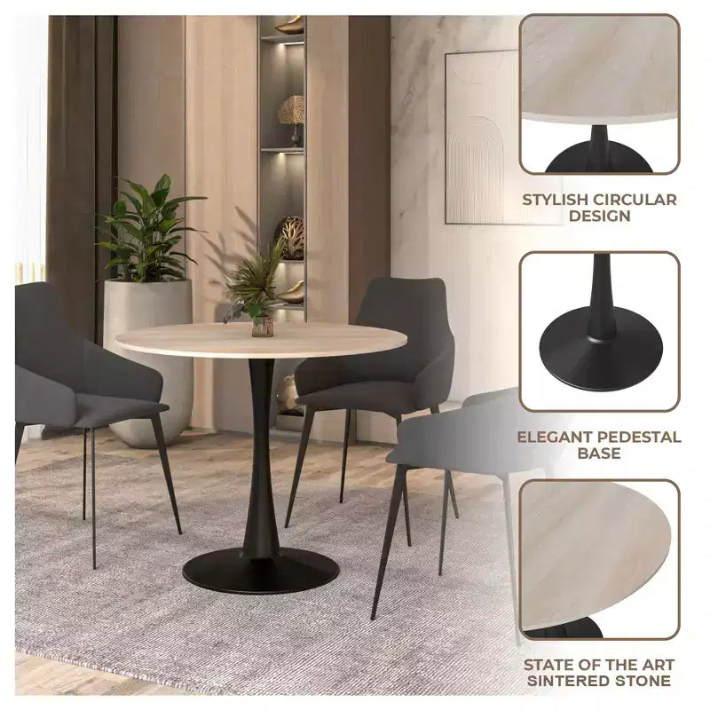 Mesa de comedor redonda de 31" con tapa de piedra sinterizada, base de pedestal de acero negro, mesa auxiliar de café para cocina y espacios pequeños