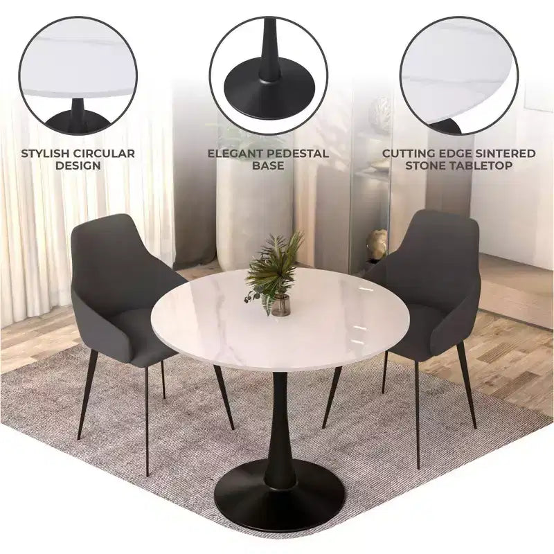 Mesa de comedor redonda de 31" con tapa de piedra sinterizada, base de pedestal de acero negro, mesa auxiliar de café para cocina y espacios pequeños