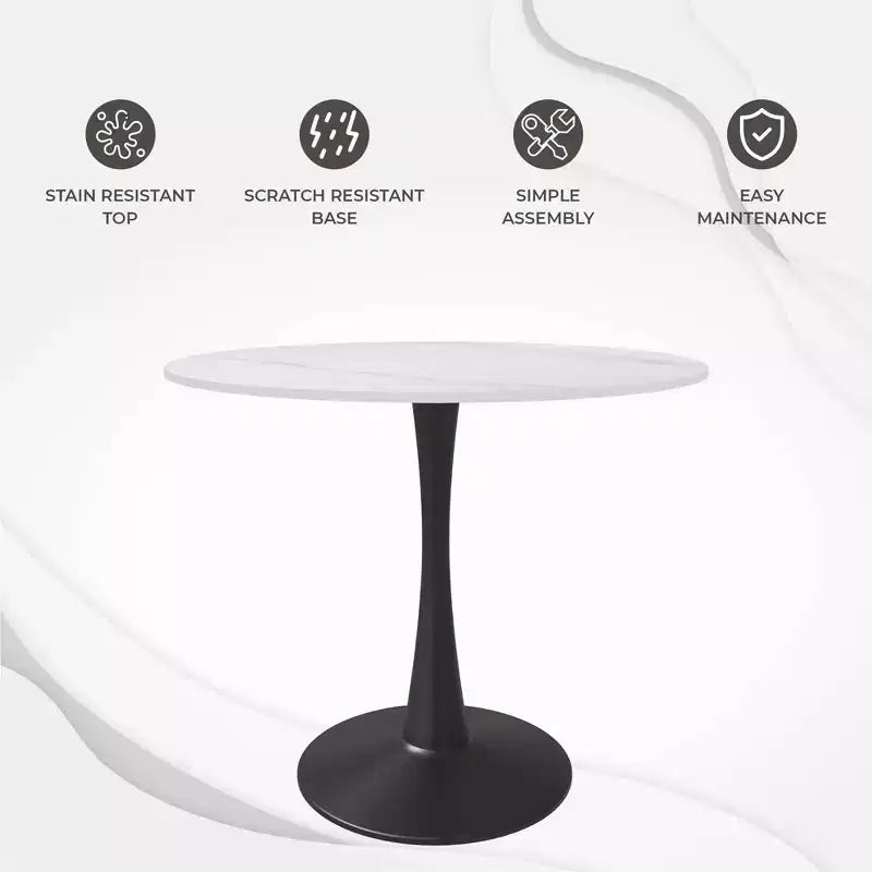 Mesa de comedor redonda de 31" con tapa de piedra sinterizada, base de pedestal de acero negro, mesa auxiliar de café para cocina y espacios pequeños